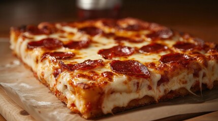 Square pepperoni pizza on a wooden cutting board. the pizza has a golden brown crust and is topped with melted cheese.