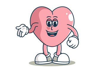Heart love mascot character with open hand illustration. in pink colors