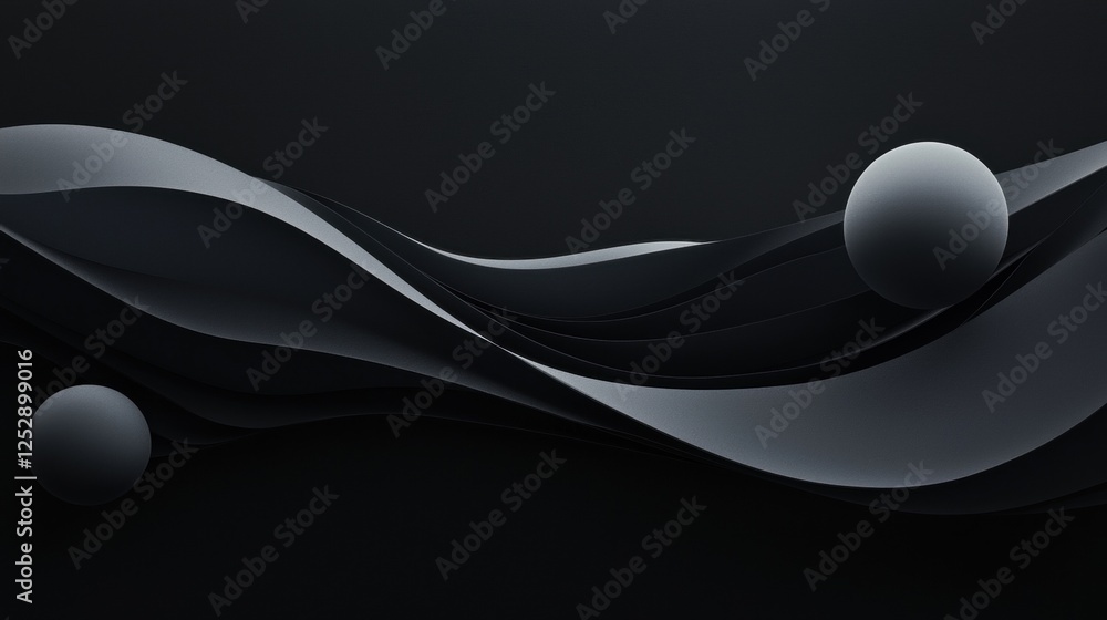 Poster abstract digital art piece with a black background. it features two white spheres on either side of 