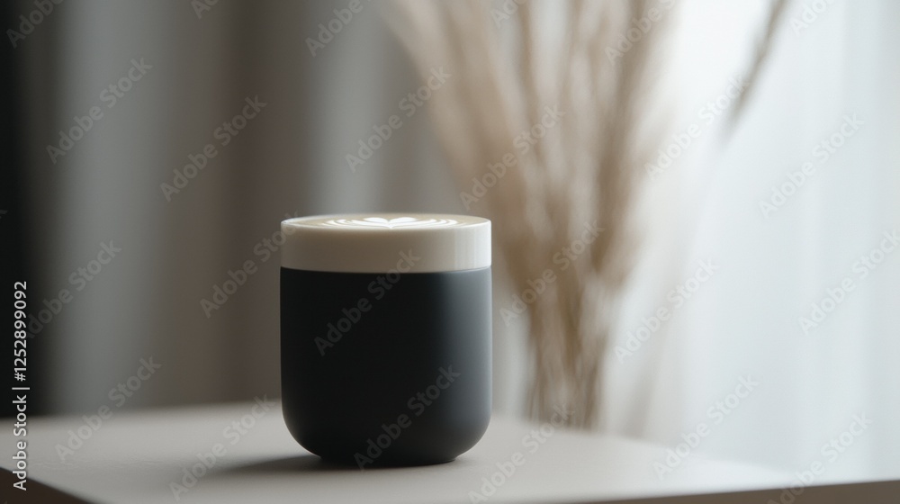 Poster black cylindrical container with a white lid on a white surface. the container appears to be made of