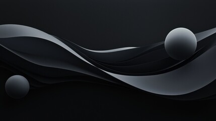 Abstract digital art piece with a black background. it features two white spheres on either side of a curved line that extends from the top left corner to the bottom right corner.