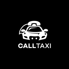 Obraz premium CallTaxi Logo White Car Icon, Phone, Black Background, Transportation
