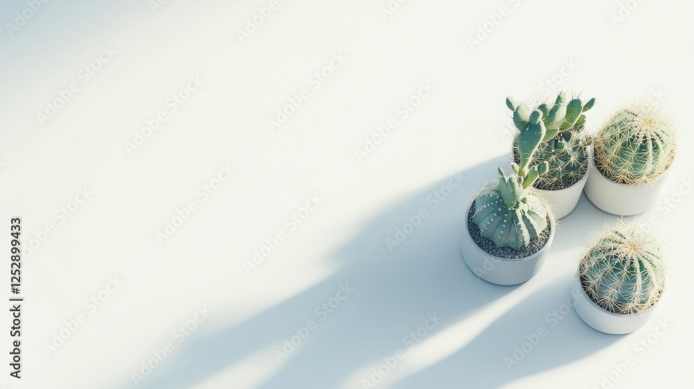 Poster assorted cacti in white pots on a light background with shadows
