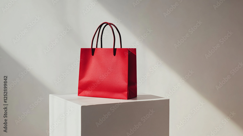 Aufkleber close-up view of a red paper shopping bag placed on a white pedestal, with soft shadows creating a m