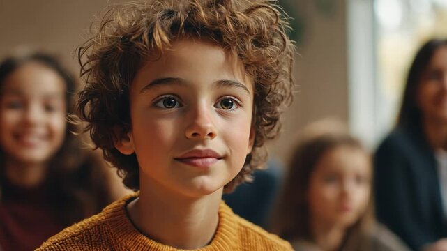 Curious Child in Group: A young child with curly brown hair and captivating eyes gazes thoughtfully into the distance, surrounded by a blurred group of children and adults.