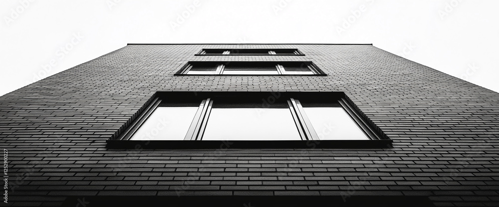 Aufkleber Low-angle view of a modern brick building with rectangular windows against a white sky. Represents urban architecture, modern design, or minimalistic buildings in an industrial setting.