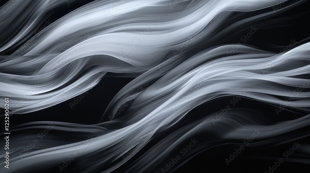 Poster abstract digital art piece with a black background. it features a series of wavy lines that create a
