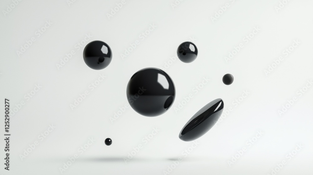 Poster group of six black spheres floating in the air. the spheres are of different sizes and shapes, with 