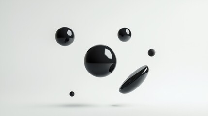 Group of six black spheres floating in the air. the spheres are of different sizes and shapes, with the largest one in the center and the smallest one on the right side.