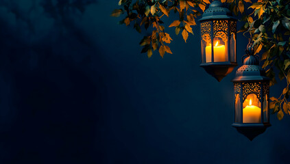 Islamic Lanterns and Mosque Design on a Dark Blue Banner