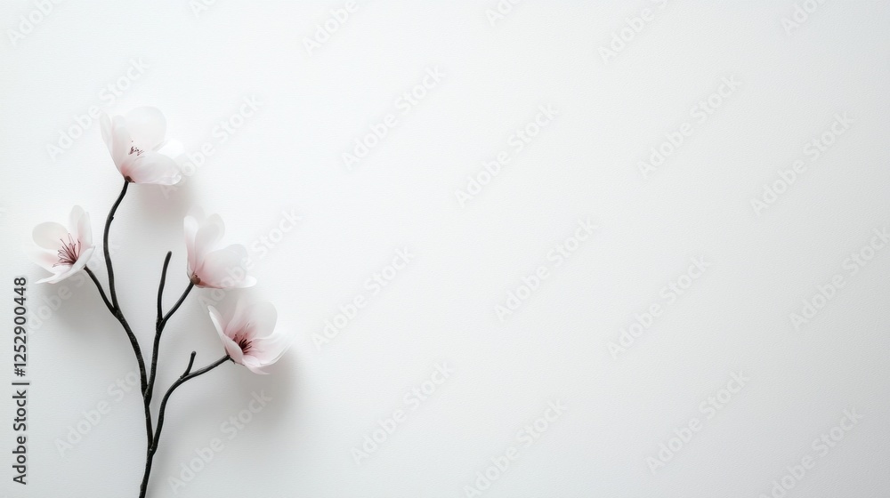 Poster flat lay of a branch with five pink flowers on it. the branch is black and the flowers are arranged 