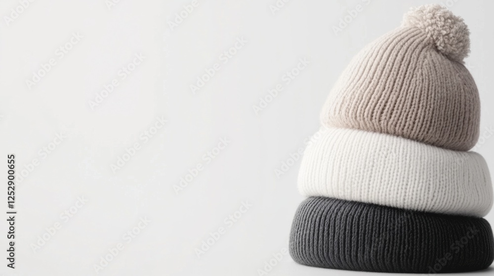 Poster stack of three beanies stacked on top of each other. the beanies are made of a soft, knitted materia