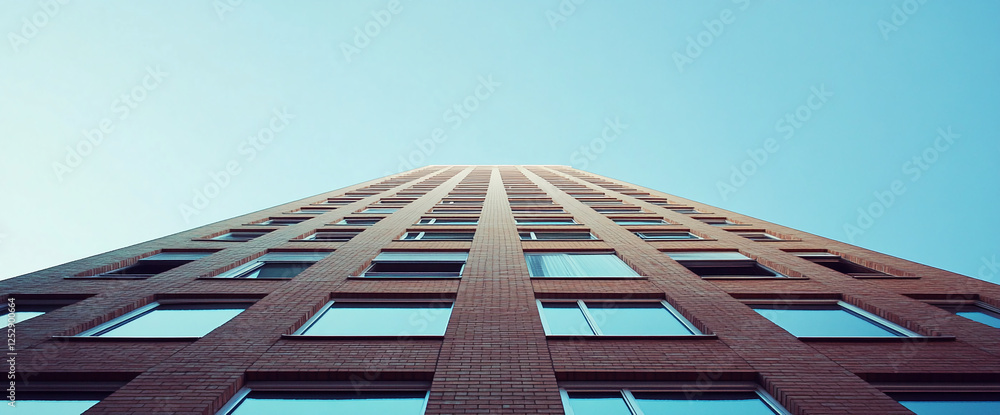 Poster looking up at a tall modern building with rectangular windows. the perspective symbolizes urban arch