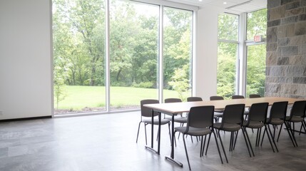 Modern meeting room with patio view, interior design, modern architecture, usable for business meetings