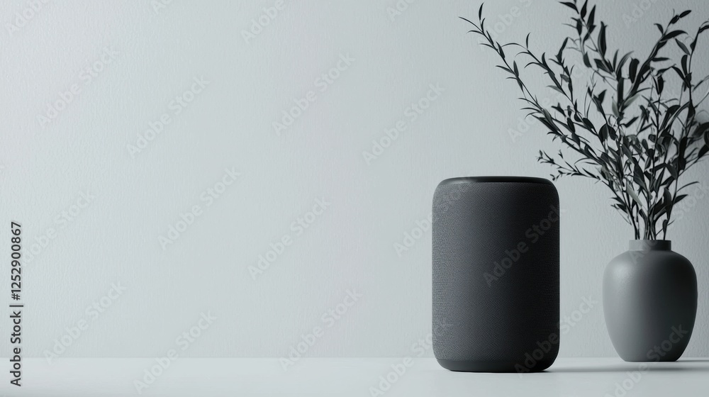 Poster black smart speaker sitting on a white surface next to a vase with a plant in it. the speaker is cyl