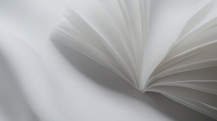 Close-up of an open book with its pages spread out. the pages are white and appear to be made of paper or a similar material. the book is resting on a white surface, and the background is also white.