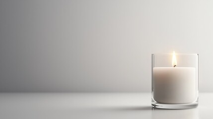 Close-up of a single white candle in a glass jar. the candle is lit and the flame is visible. the jar is placed on a plain white surface with a grey background.