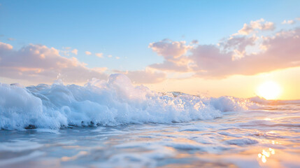 Ocean waves at sunset, peaceful beach scene, travel, vacation