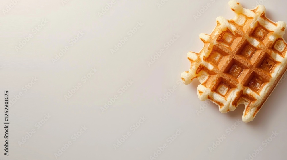 Poster close-up of a waffle on a plain white background. the waffle is golden brown in color and has a latt