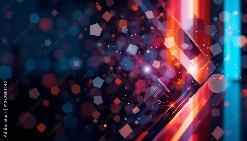 Poster abstract geometric background with glowing shapes and vibrant color particles