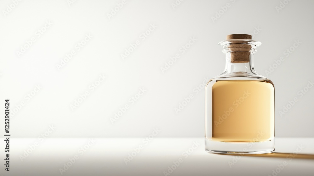 Poster 3d rendering of a glass bottle with a cork stopper. the bottle is empty and is placed on a white sur