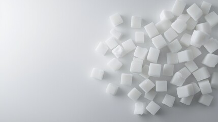 Obraz premium Pile of small, square-shaped sugar cubes on a plain white background. the sugar cubes are arranged in a scattered manner, with some overlapping each other.