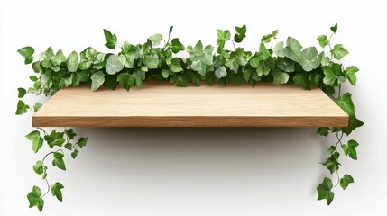 Wooden Shelf with Green Ivy Plant Decoration on White Background
