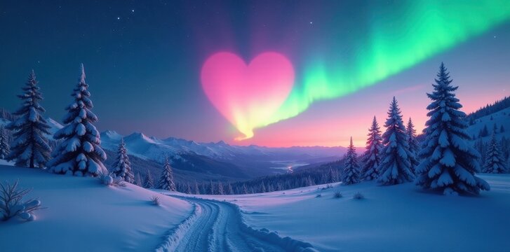 A Serene Winter Landscape with a Heart-Shaped Aurora Borealis Display Over Snowy Mountains and Evergreen Trees