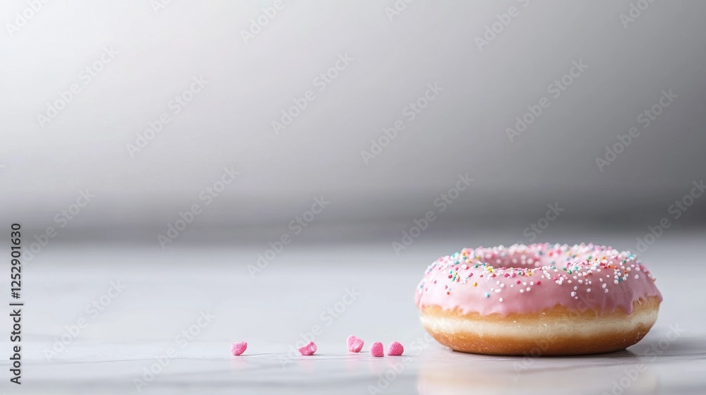 Poster close-up of a donut with pink icing and colorful sprinkles on top. the donut is placed on a white su