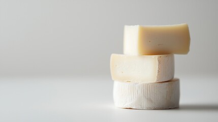 Three pieces of cheese stacked on top of each other. the cheese appears to be a pale yellow color and has a smooth texture.