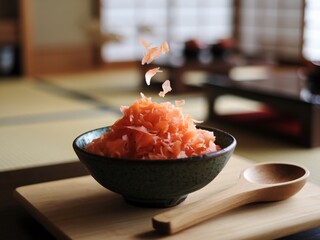 A bowl of bonito flakes elegantly positioned on a wooden surface in a serene setting.