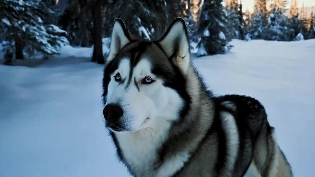 A portrait of a Siberian husky standing proudly in a snow-covered forest, its thick fur blending with the icy landscape.
