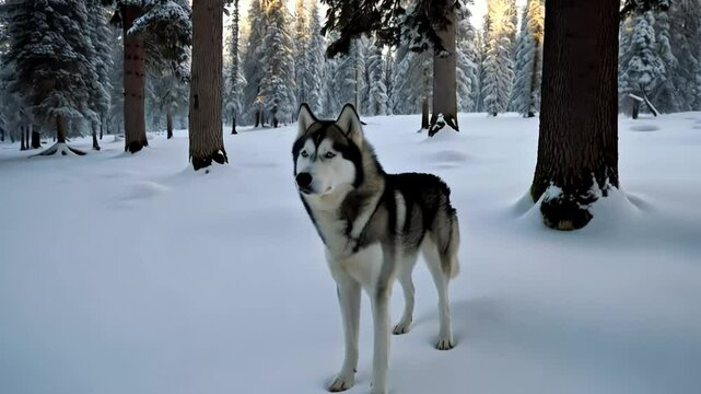 A portrait of a Siberian husky standing proudly in a snow-covered forest, its thick fur blending with the icy landscape.
