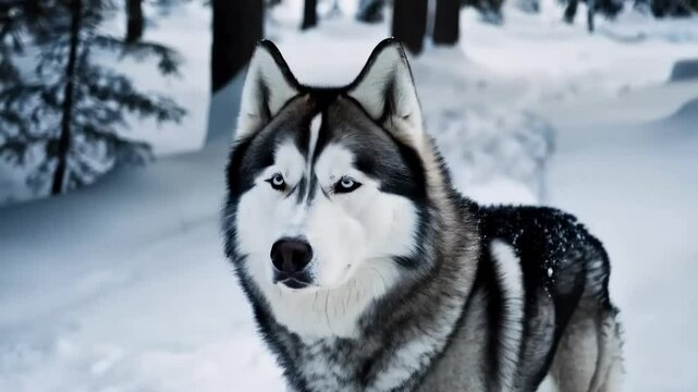 A portrait of a Siberian husky standing proudly in a snow-covered forest, its thick fur blending with the icy landscape.
