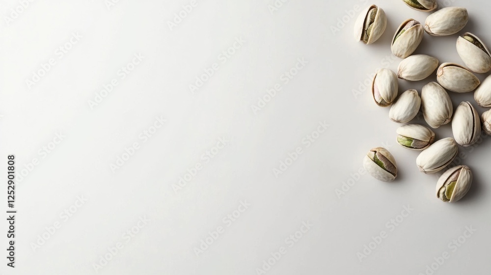 Poster group of pistachio nuts scattered on a white background. the nuts are light brown in color and have 