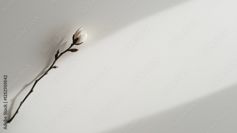Poster photograph of a single white flower bud on a thin branch. the branch is lying on a plain white backg
