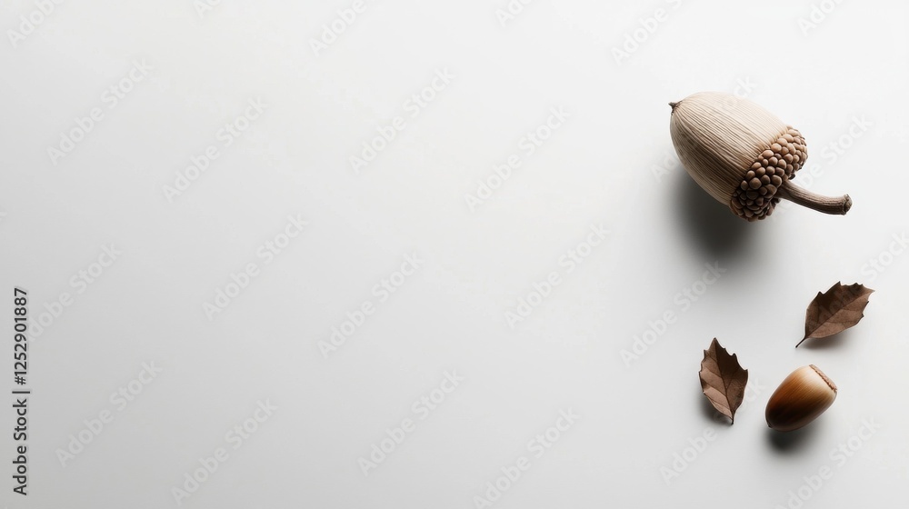 Poster flat lay of an acorn and three autumn leaves on a white background. the acorn is on the left side of