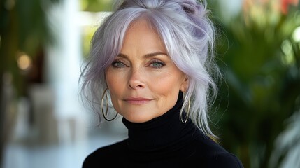 Naklejka premium Elegant mature woman with silver-purple hair wearing a black turtleneck and gold hoop earrings, looking confidently at the camera against a blurred natural background