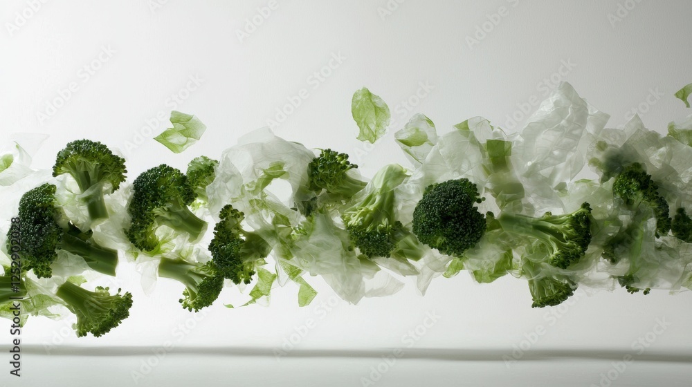 Poster group of fresh green broccoli florets falling down from the sky. the broccoli is arranged in a way t
