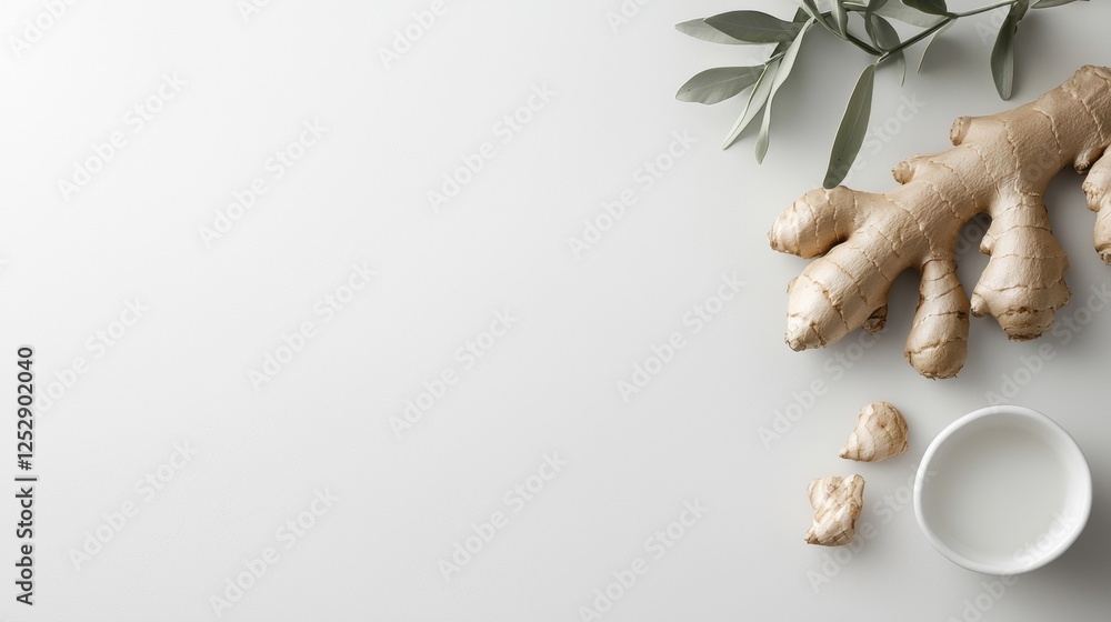 Poster flat lay of a white background with a few ginger root and a small white bowl on the right side. on t
