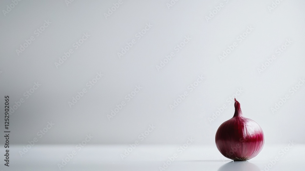 Poster photograph of a single red onion on a white surface. the onion is in the center of the image, with i
