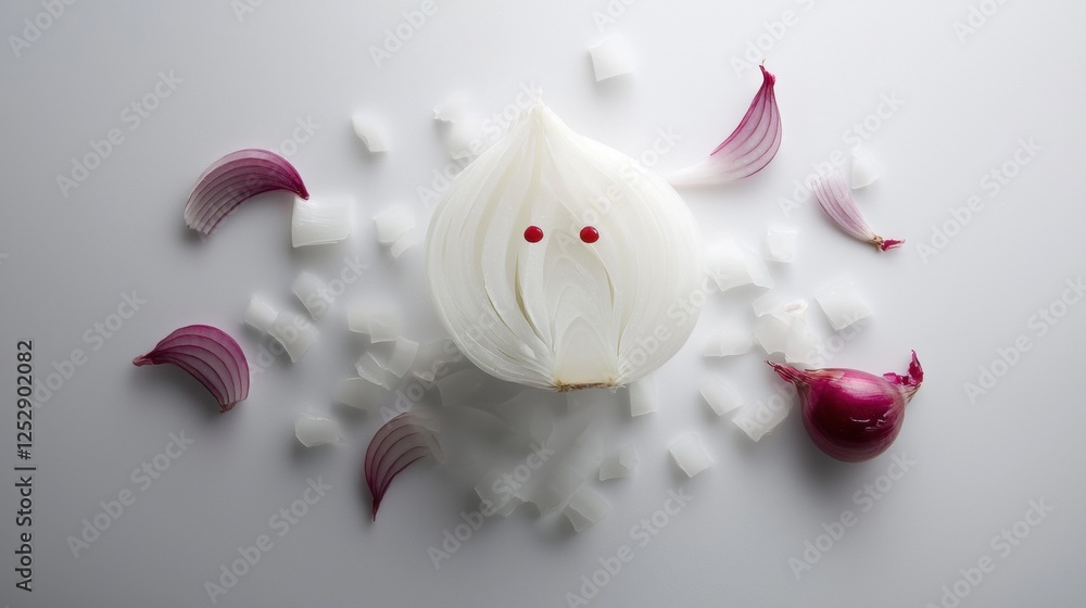 Poster flat lay of a white onion with two red eyes in the center. the onion is surrounded by several slices