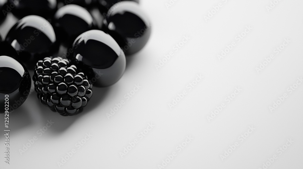 Poster close-up of a group of black spheres arranged in a scattered manner on a white background. the spher