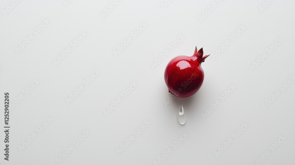 Poster flat lay of a single pomegranate on a white background. the pomgranate is in the center of the image