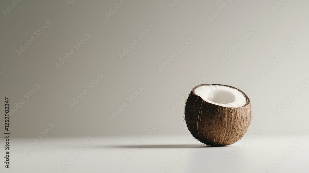 Poster close-up of a coconut on a plain white background. the coconut is in the center of the image, with i