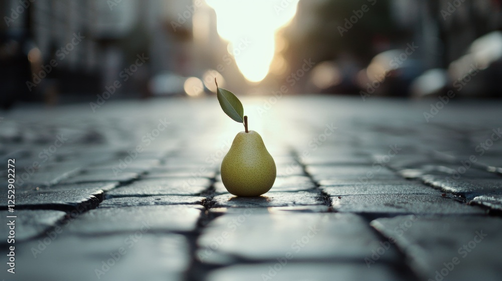 Aufkleber Close-up of a single pear with a small green leaf on top. the pear is placed on a cobblestone pavement, and the background is blurred, but it appears to be an outdoor setting with buildings and trees.