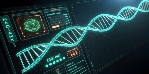 Futuristic Digital Interface Displaying DNA Helix and Data Analysis