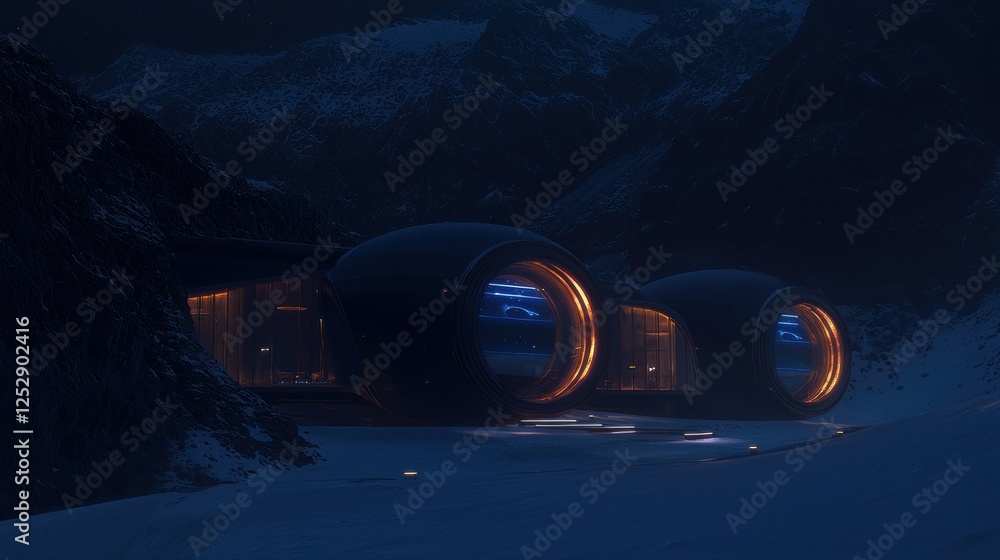 Poster futuristic building in the middle of a snowy mountain landscape at night. the building appears to be