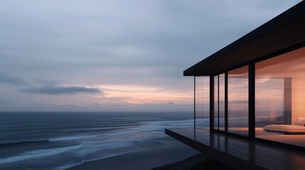 Modern house with a balcony overlooking the ocean at sunset. the sky is a beautiful orange and pink color, with the sun setting in the distance.