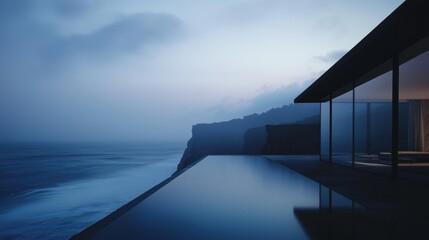Long, narrow walkway leading to a cliff overlooking the ocean. the walkway is made of concrete and has a glass railing on one side.